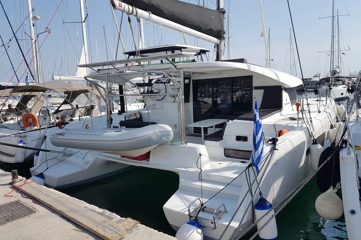 Exterior view of Agia Irini, a Lagoon 42 catamaran at Municipal Unit of Rhodes, Greece