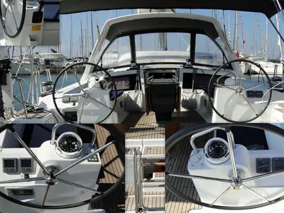 Cockpit of Orion XII, a Beneteau Oceanis 48 sailboat at Volos, Greece