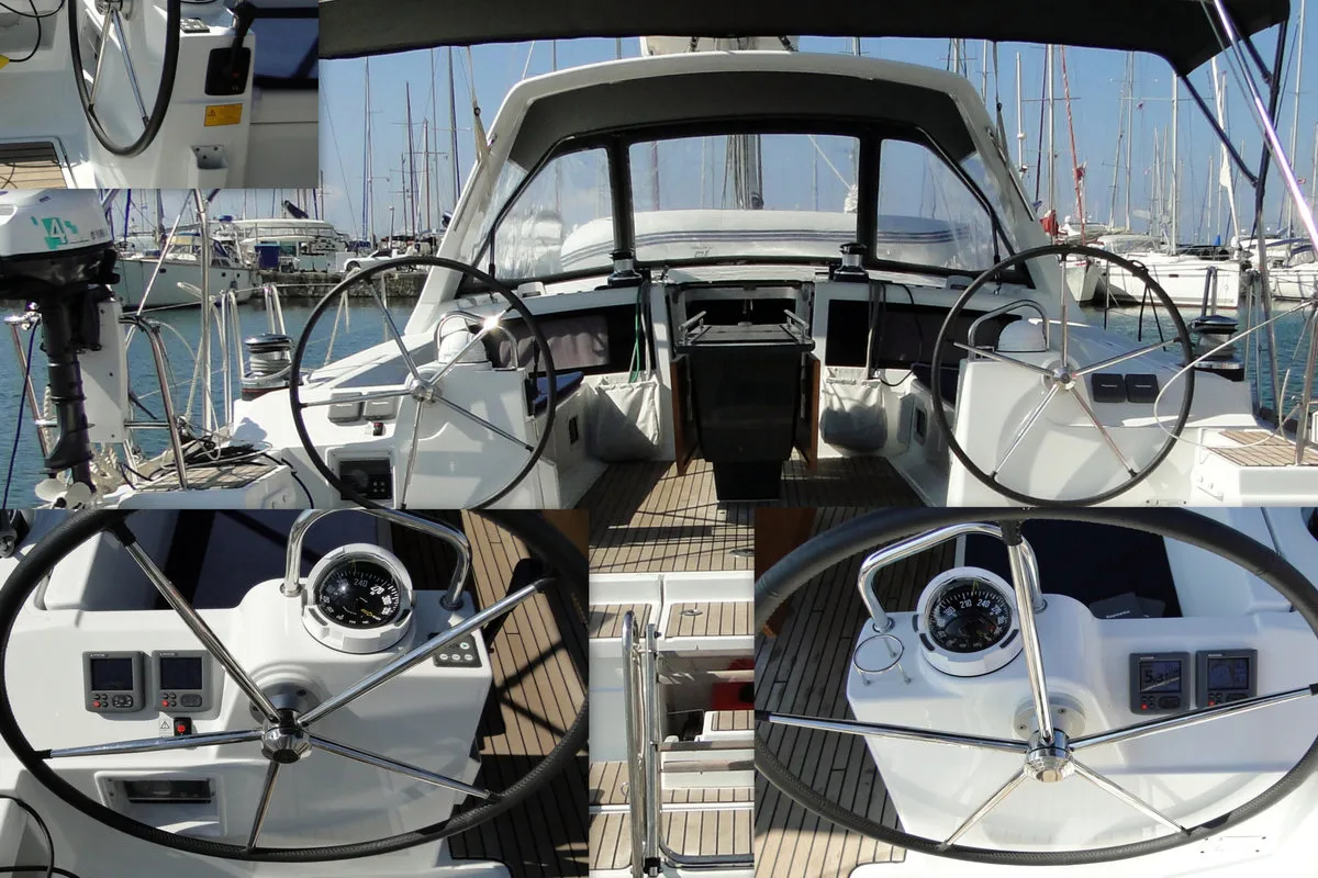 Cockpit of Orion XII, a Beneteau Oceanis 48 sailboat at Volos, Greece