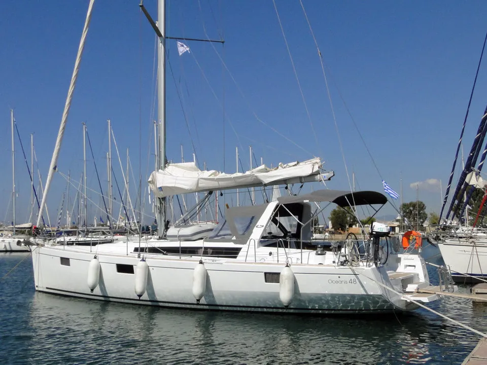 Exterior view of Orion XII, a Beneteau Oceanis 48 sailboat at Volos, Greece