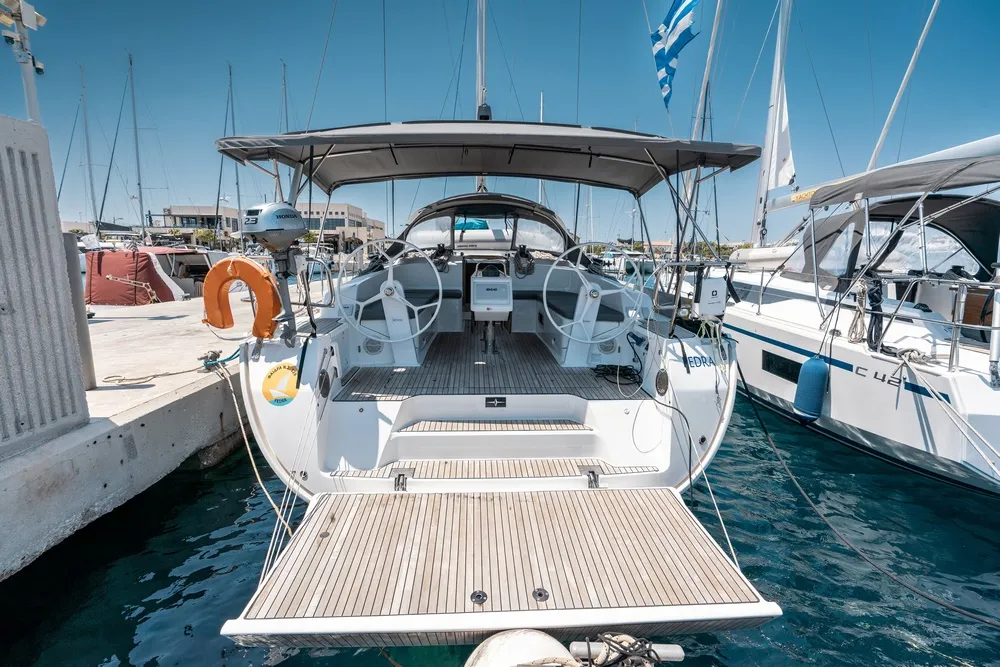Cockpit of Fedra, a Bavaria Cruiser 46 sailboat at Municipal Unit of Rhodes, Greece