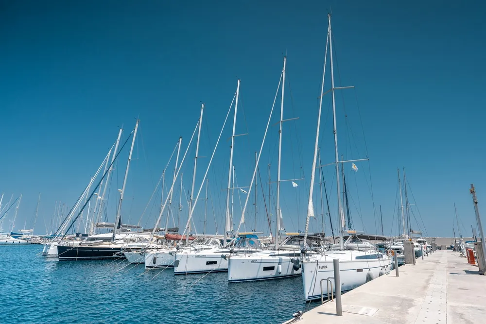 Exterior view of Fedra, a Bavaria Cruiser 46 sailboat at Municipal Unit of Rhodes, Greece