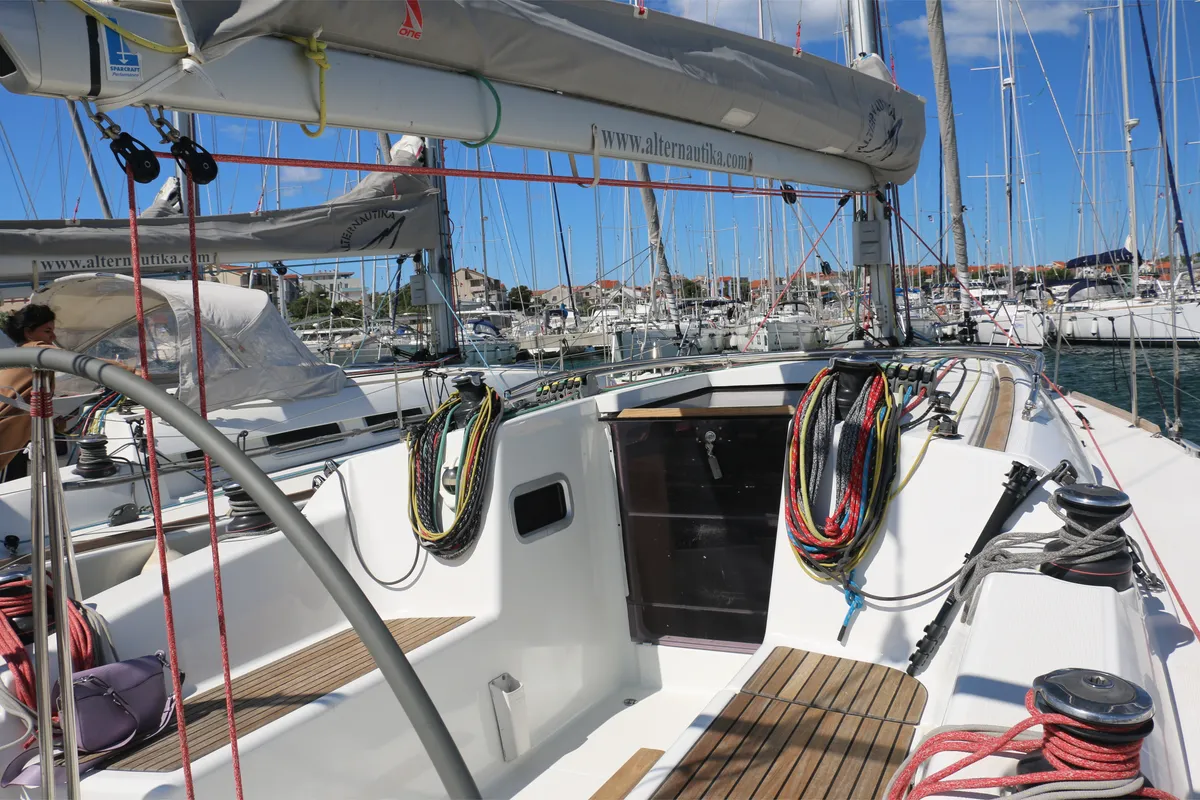 Deck of Libra, a Beneteau First 35 sailboat at Jezera, Croatia