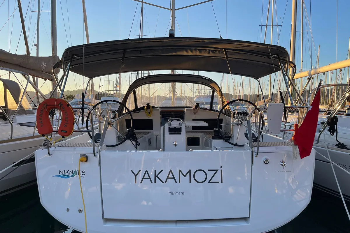 Exterior view of Yakamozi, a Jeanneau Sun Odyssey 440 sailboat at Marmaris, Turkey