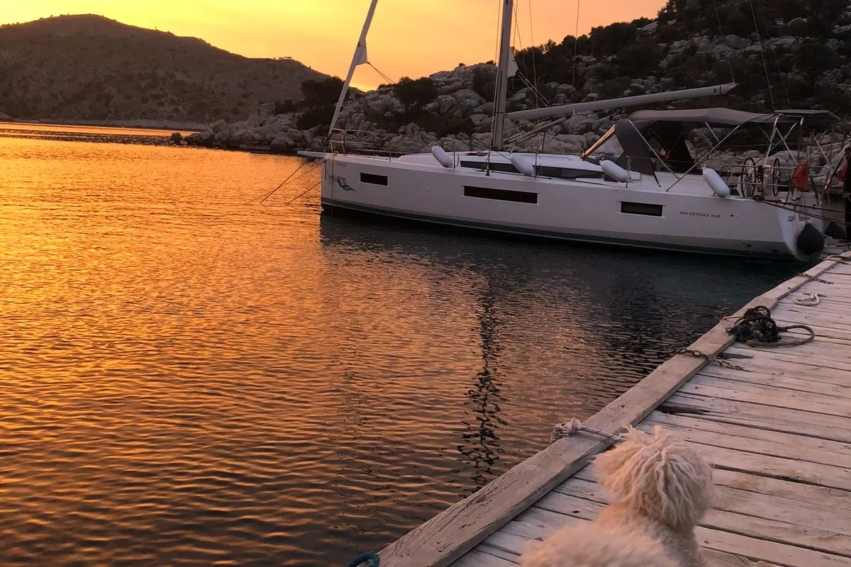 Exterior view of Yakamozi, a Jeanneau Sun Odyssey 440 sailboat at Marmaris, Turkey