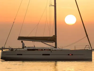 Exterior view of Odyssea, a Dufour 460 Grand Large sailboat at Portimão, Portugal