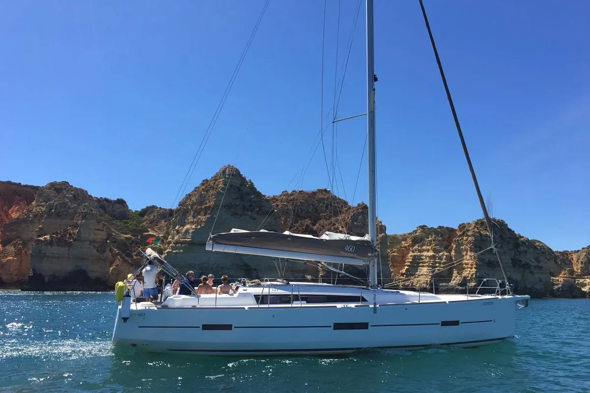 Exterior view of Odyssea, a Dufour 460 Grand Large sailboat at Portimão, Portugal