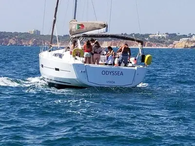 Exterior view of Odyssea, a Dufour 460 Grand Large sailboat at Portimão, Portugal