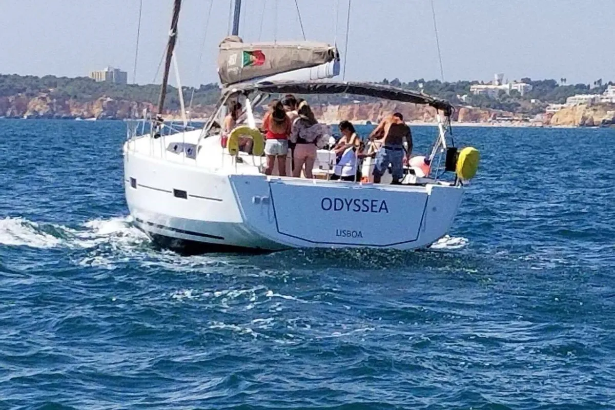 Exterior view of Odyssea, a Dufour 460 Grand Large sailboat at Portimão, Portugal