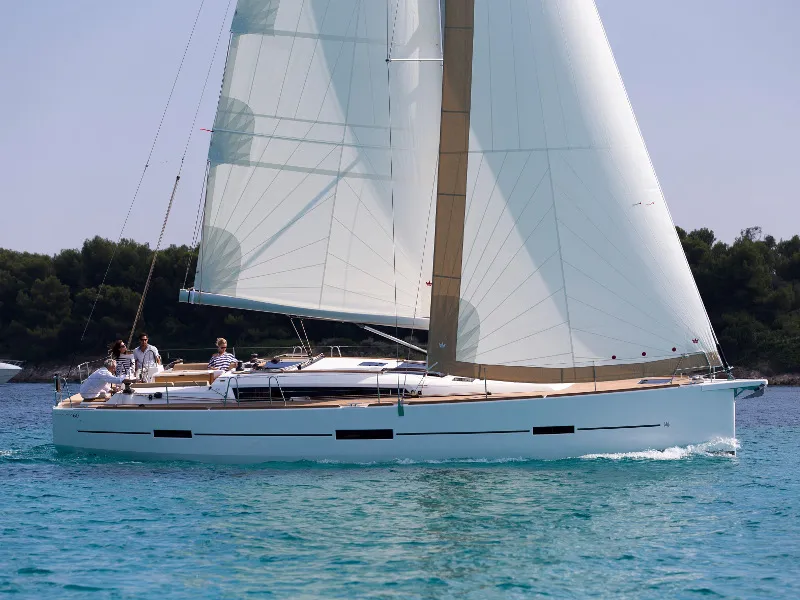 Deck of Odyssea, a Dufour 460 Grand Large sailboat at Portimão, Portugal
