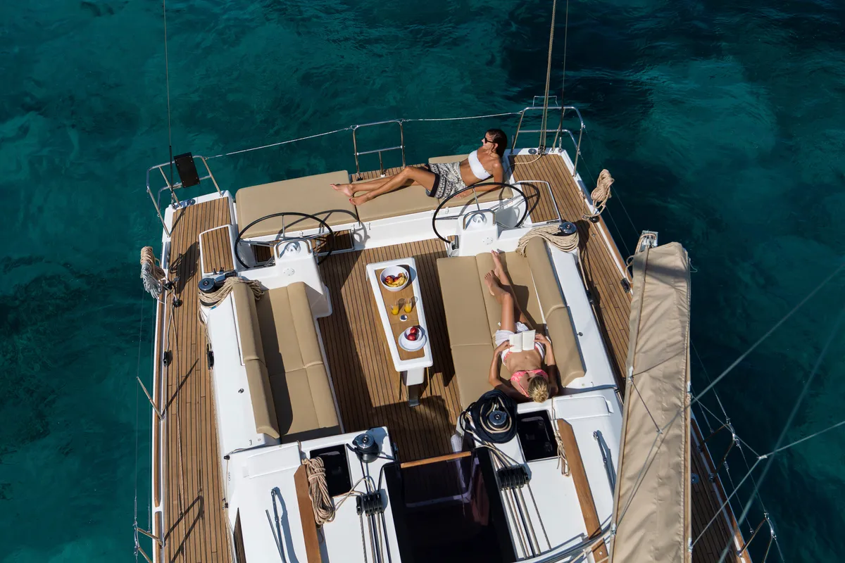 Exterior view of Odyssea, a Dufour 460 Grand Large sailboat at Portimão, Portugal