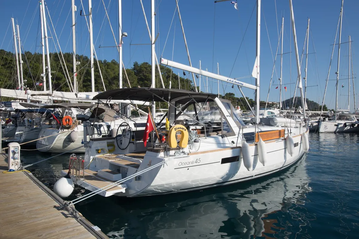 Exterior view of Dianora, a Beneteau Oceanis 45 sailboat at Marmaris, Turkey