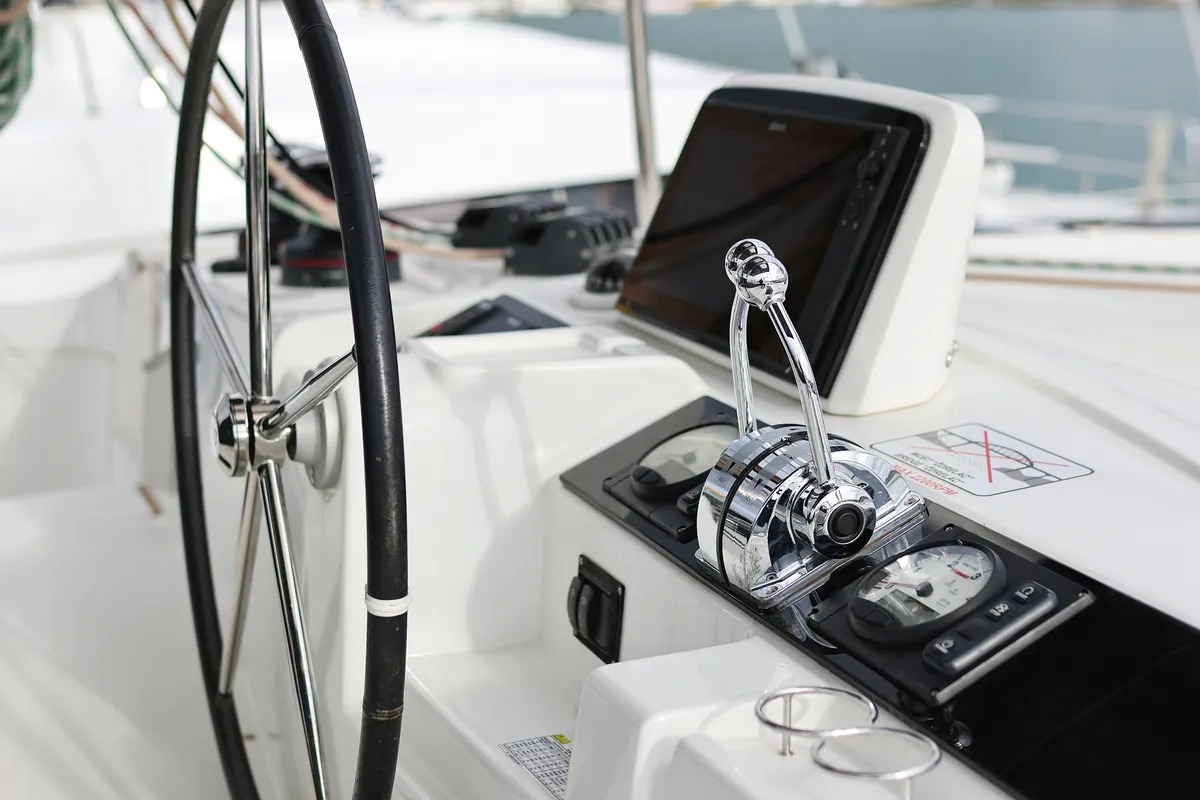 Cockpit of Barbarella III, a Lagoon 46 catamaran at Grad Trogir, Croatia