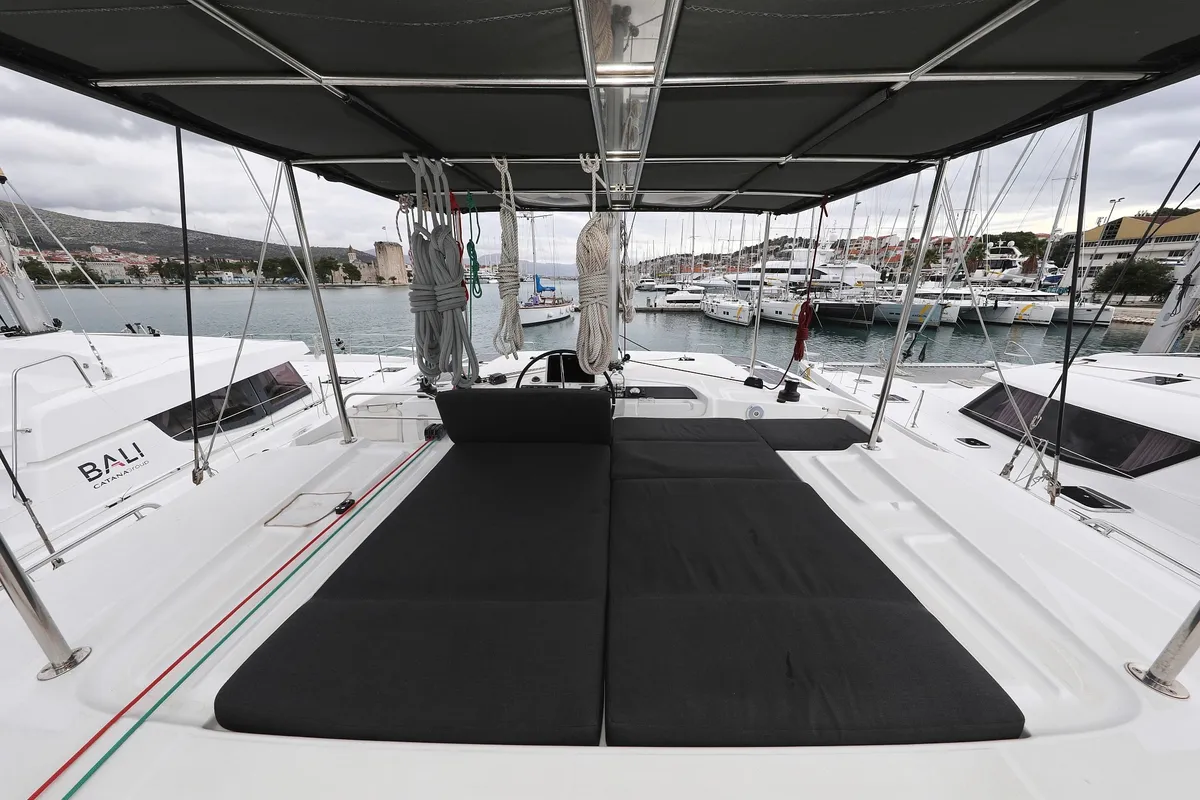 Deck of Barbarella III, a Lagoon 46 catamaran at Grad Trogir, Croatia