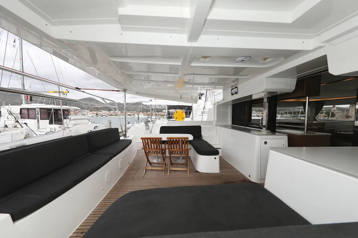 Deck of Barbarella III, a Lagoon 46 catamaran at Grad Trogir, Croatia