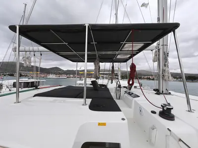 Cockpit of Barbarella III, a Lagoon 46 catamaran at Grad Trogir, Croatia