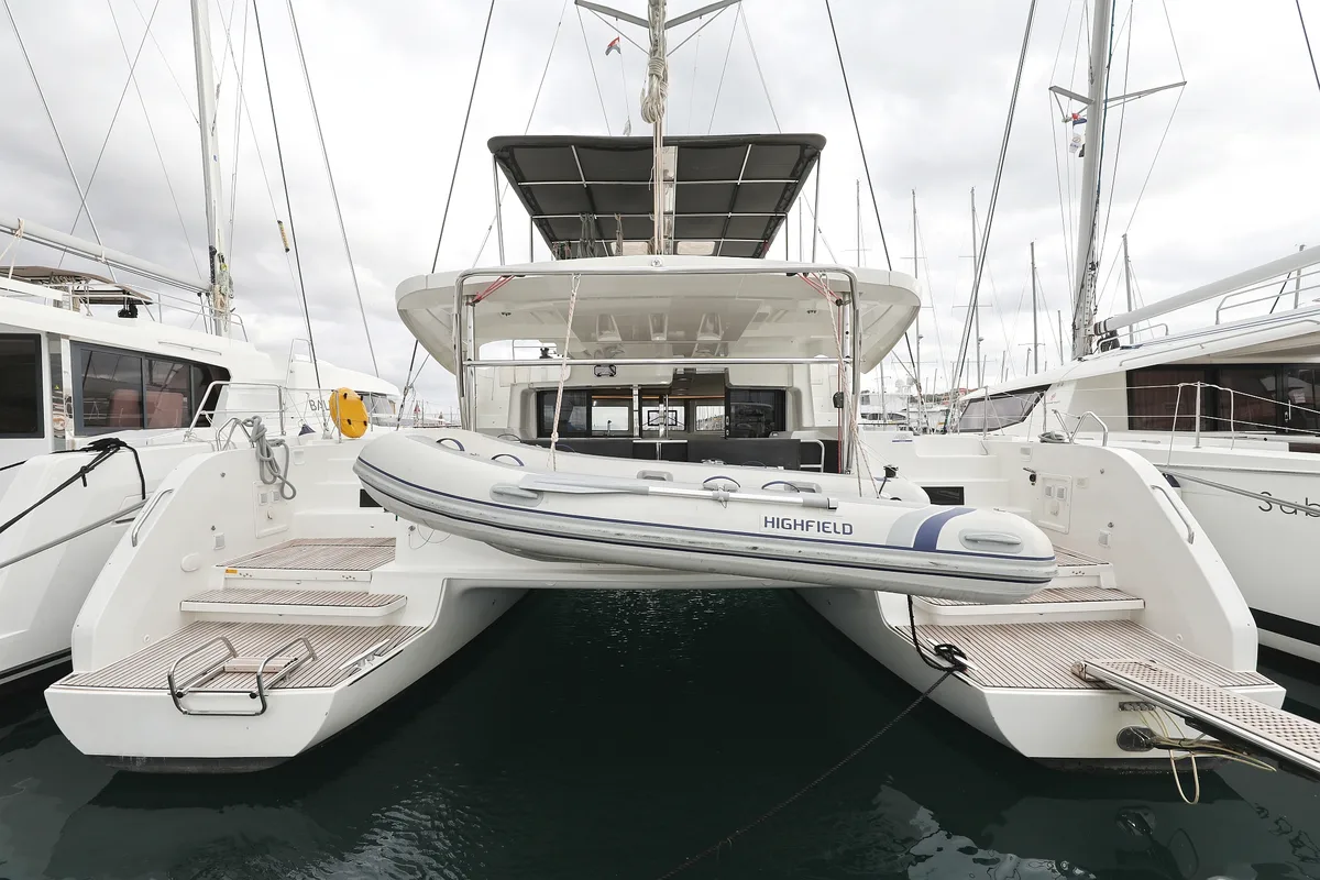 Exterior view of Barbarella III, a Lagoon 46 catamaran at Grad Trogir, Croatia