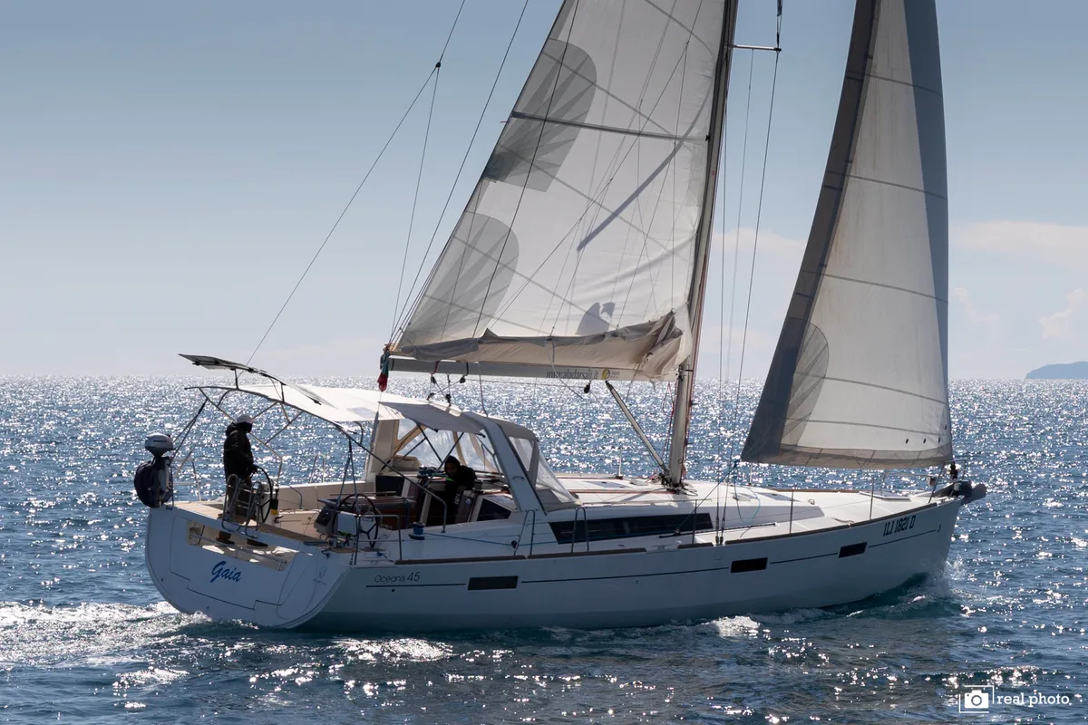 Exterior view of Gaia, a Beneteau Oceanis 45 sailboat at Cannigione, Italy