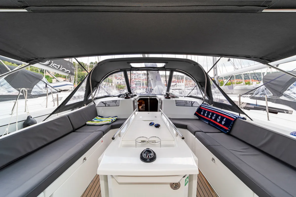 Cockpit of First Touch, a Beneteau Oceanis 40.1 sailboat at Skradin, Croatia