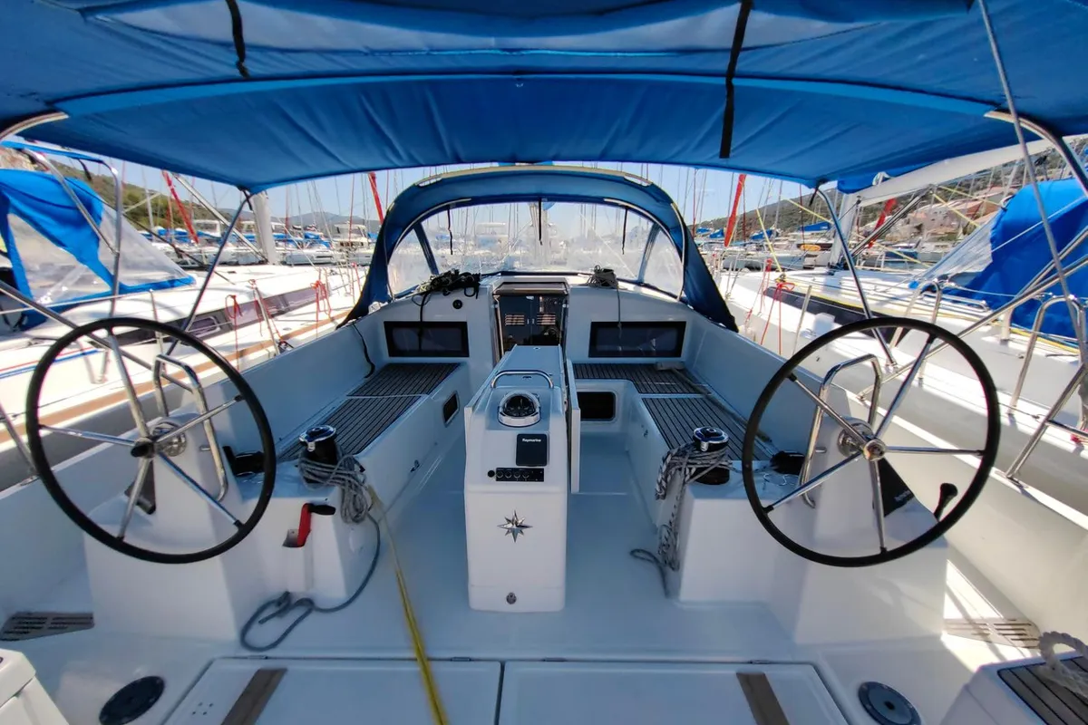Cockpit of Milky Way, a Jeanneau Sun Odyssey 440 sailboat at Grad Pula, Croatia