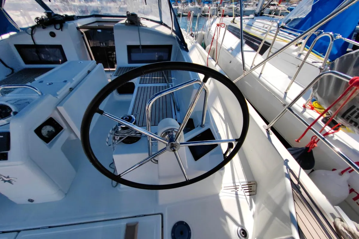 Cockpit of Milky Way, a Jeanneau Sun Odyssey 440 sailboat at Grad Pula, Croatia