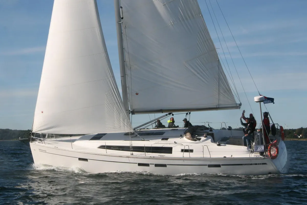 Exterior view of Momo, a Bavaria Cruiser 46 sailboat at Heiligenhafen, Germany