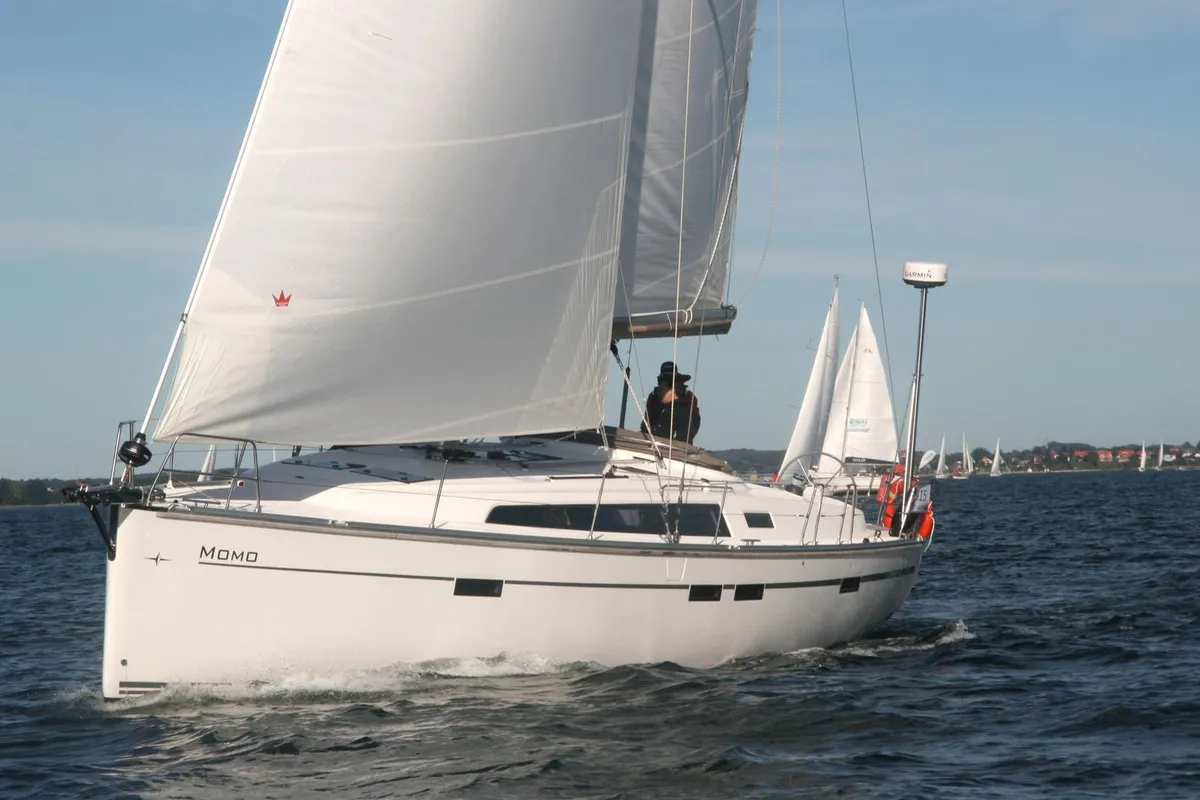 Exterior view of Momo, a Bavaria Cruiser 46 sailboat at Heiligenhafen, Germany