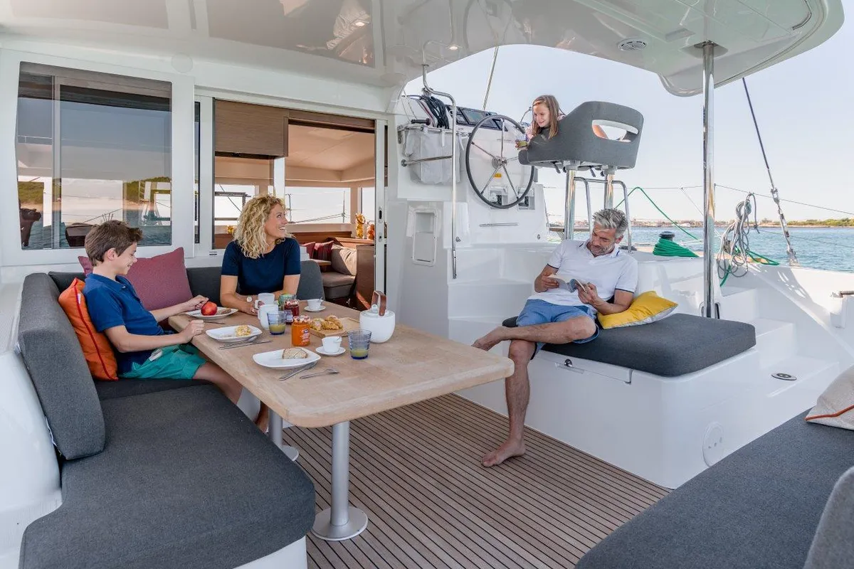 Deck of Sunflower, a Lagoon 40 catamaran at Lavreotiki Municipal Unit, Greece