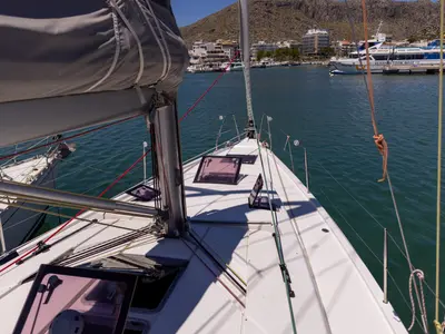 Deck of Nord Star, a Hanse 415 sailboat at Port de Pollença, Spain