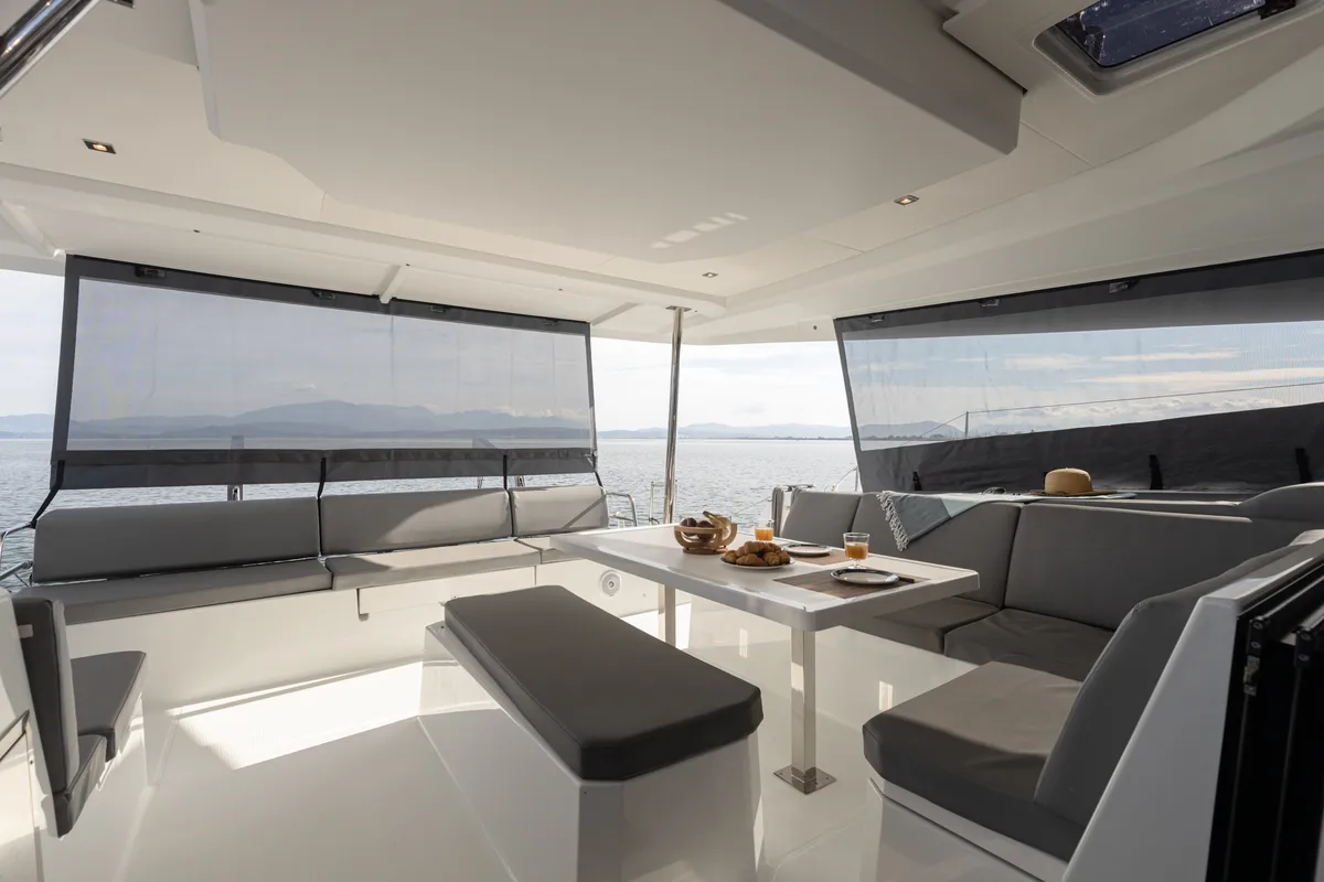 Deck of Vienna Pearl, a Fountaine Pajot Elba 45 catamaran at Preveza, Greece