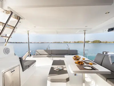Deck of Vienna Pearl, a Fountaine Pajot Elba 45 catamaran at Preveza, Greece