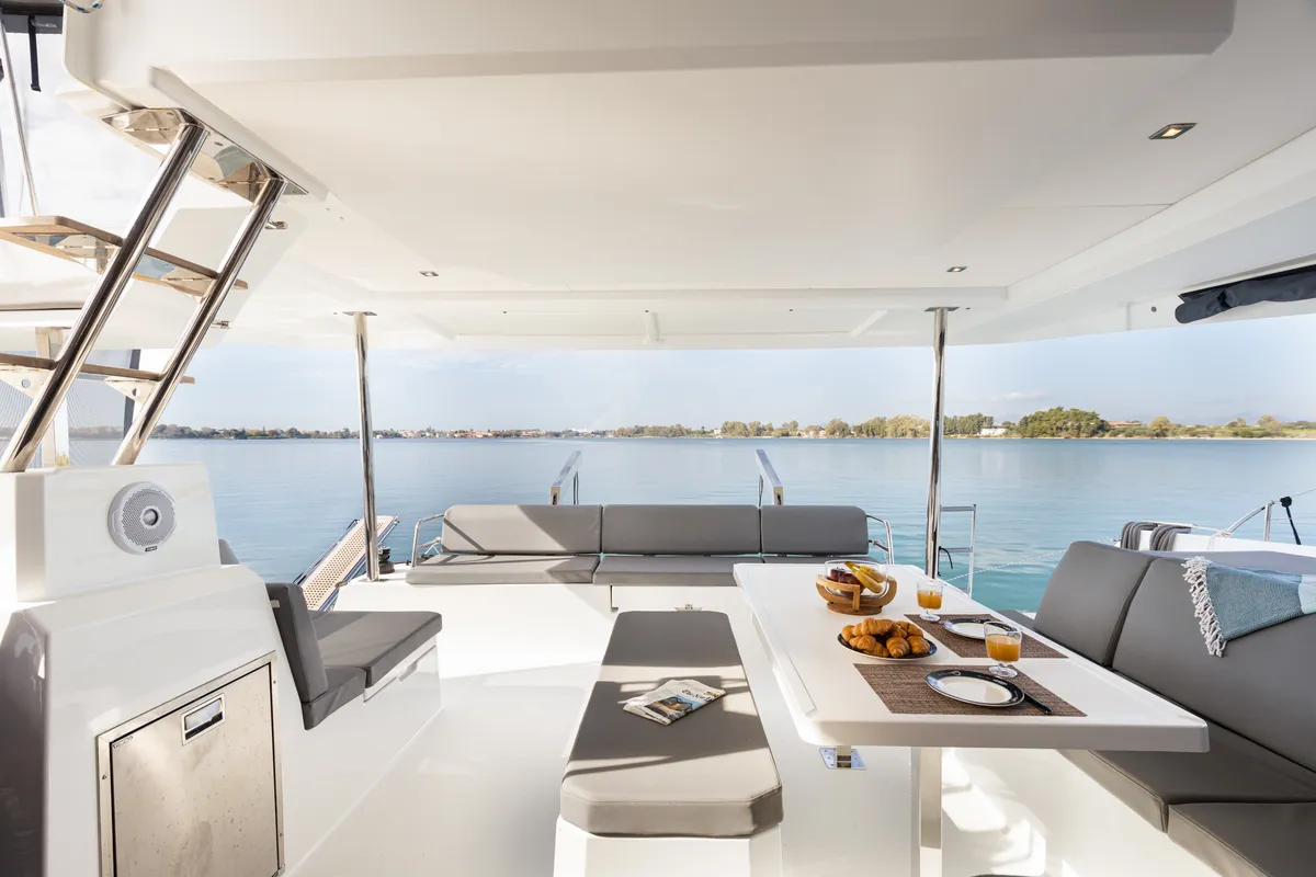 Deck of Vienna Pearl, a Fountaine Pajot Elba 45 catamaran at Preveza, Greece