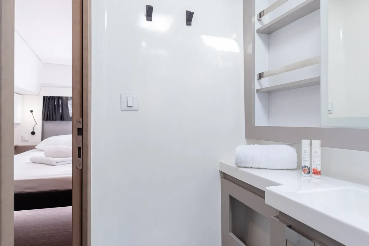 Head on Vienna Pearl, a Fountaine Pajot Elba 45 catamaran at Preveza, Greece