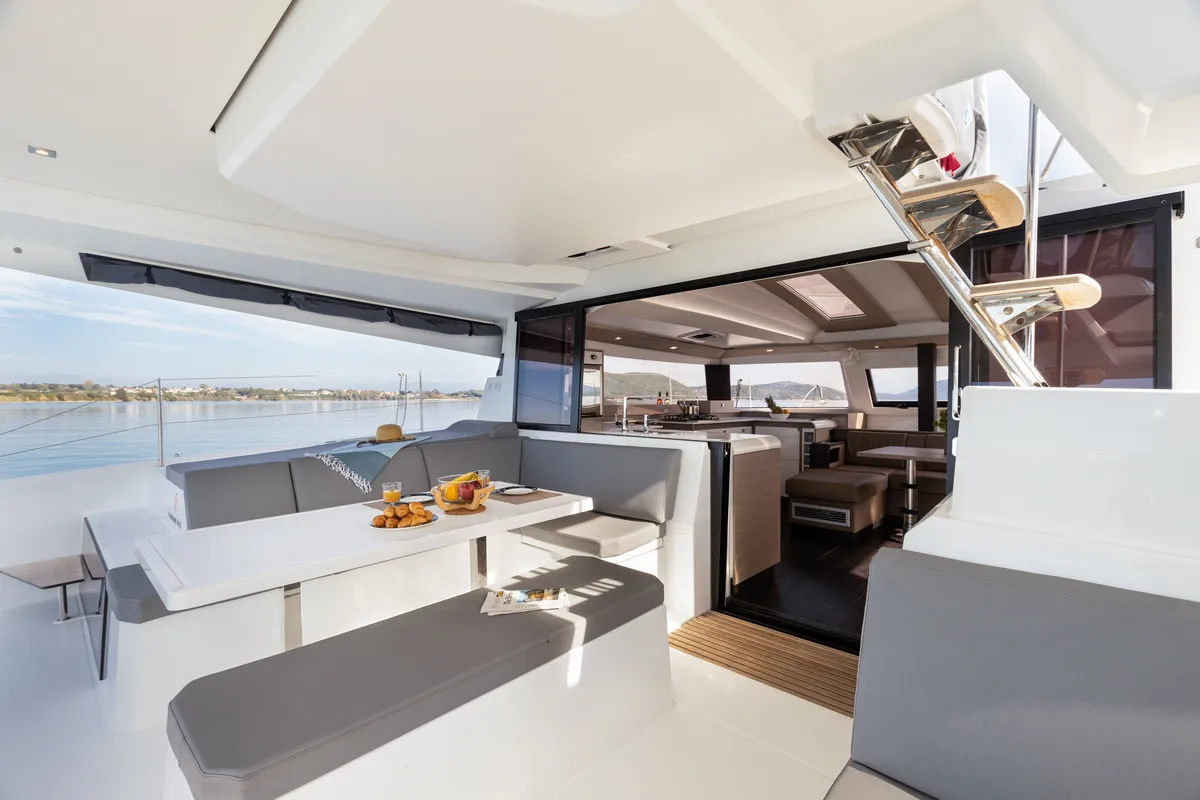 Deck of Vienna Pearl, a Fountaine Pajot Elba 45 catamaran at Preveza, Greece