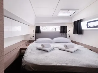 Cabin on Vienna Pearl, a Fountaine Pajot Elba 45 catamaran at Preveza, Greece