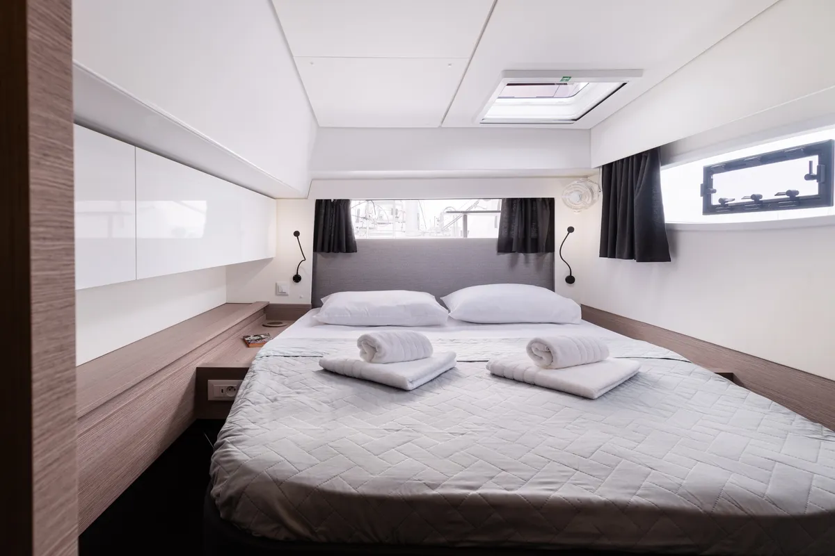 Cabin on Vienna Pearl, a Fountaine Pajot Elba 45 catamaran at Preveza, Greece