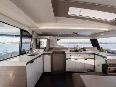Galley of Vienna Pearl, a Fountaine Pajot Elba 45 catamaran at Preveza, Greece