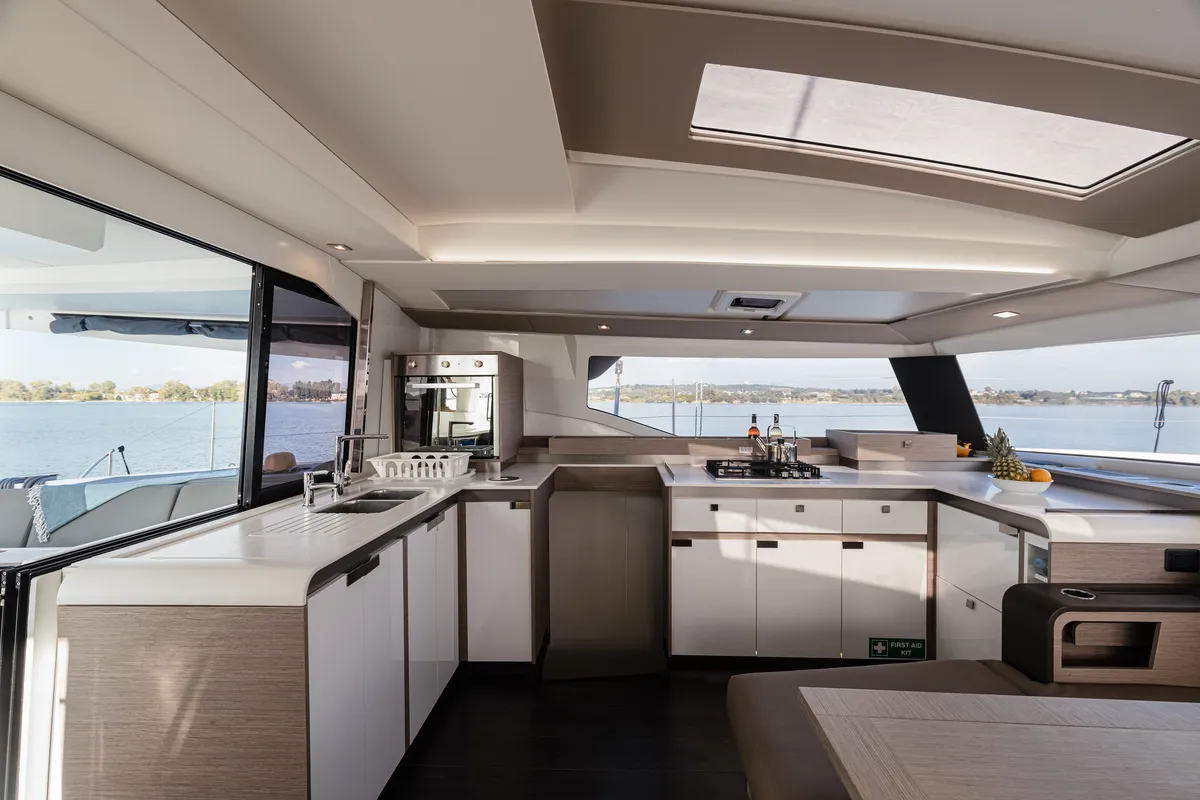 Galley of Vienna Pearl, a Fountaine Pajot Elba 45 catamaran at Preveza, Greece