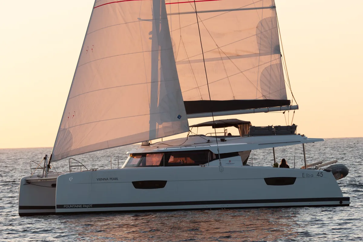 Exterior view of Vienna Pearl, a Fountaine Pajot Elba 45 catamaran at Preveza, Greece