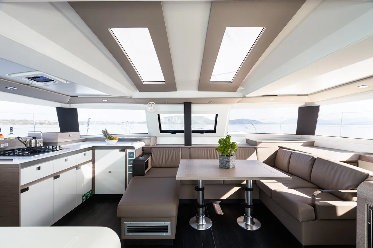 Salon of Vienna Pearl, a Fountaine Pajot Elba 45 catamaran at Preveza, Greece