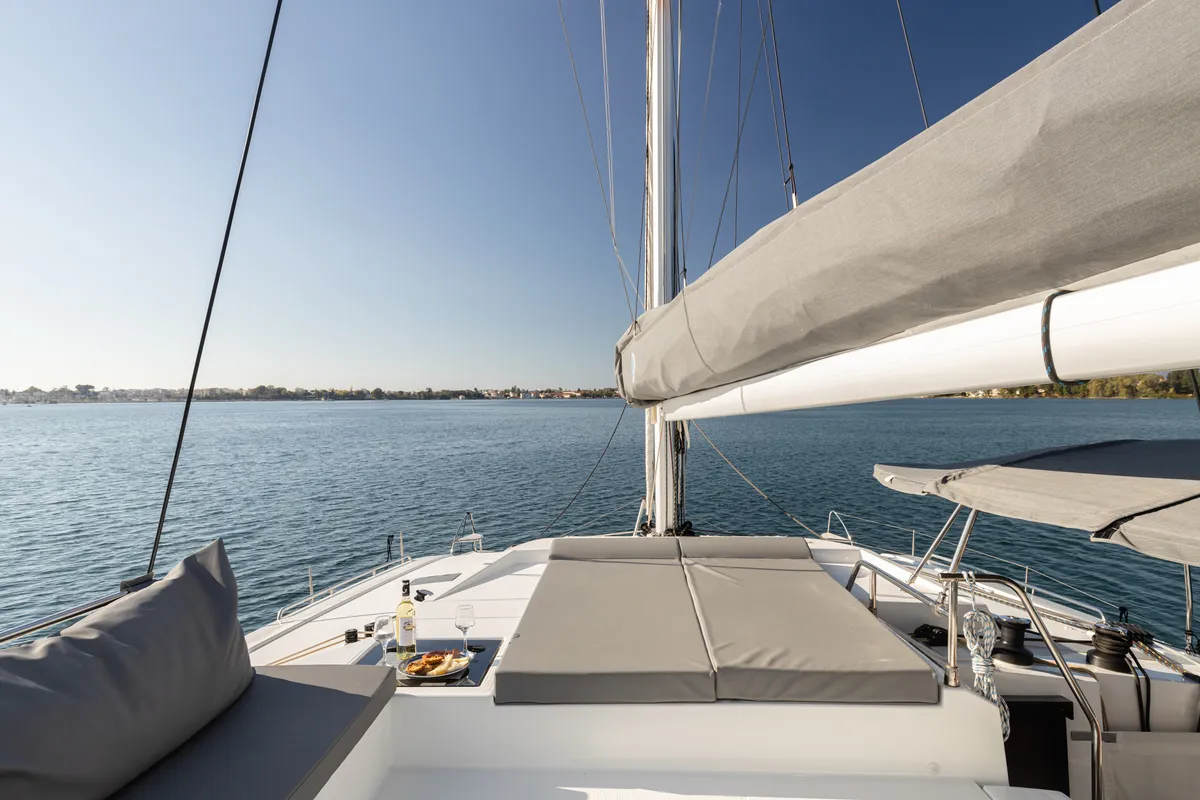 Deck of Vienna Pearl, a Fountaine Pajot Elba 45 catamaran at Preveza, Greece