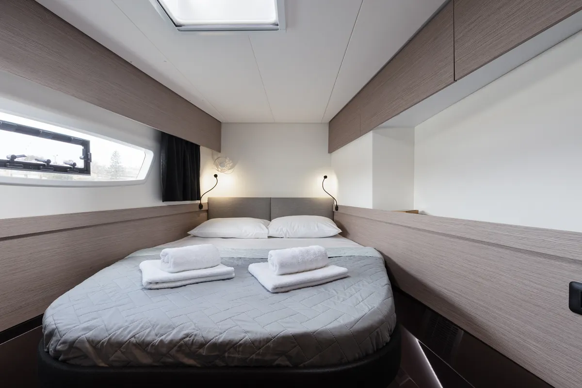 Cabin on Vienna Pearl, a Fountaine Pajot Elba 45 catamaran at Preveza, Greece
