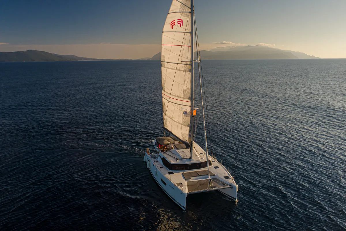 Exterior view of Vienna Pearl, a Fountaine Pajot Elba 45 catamaran at Preveza, Greece