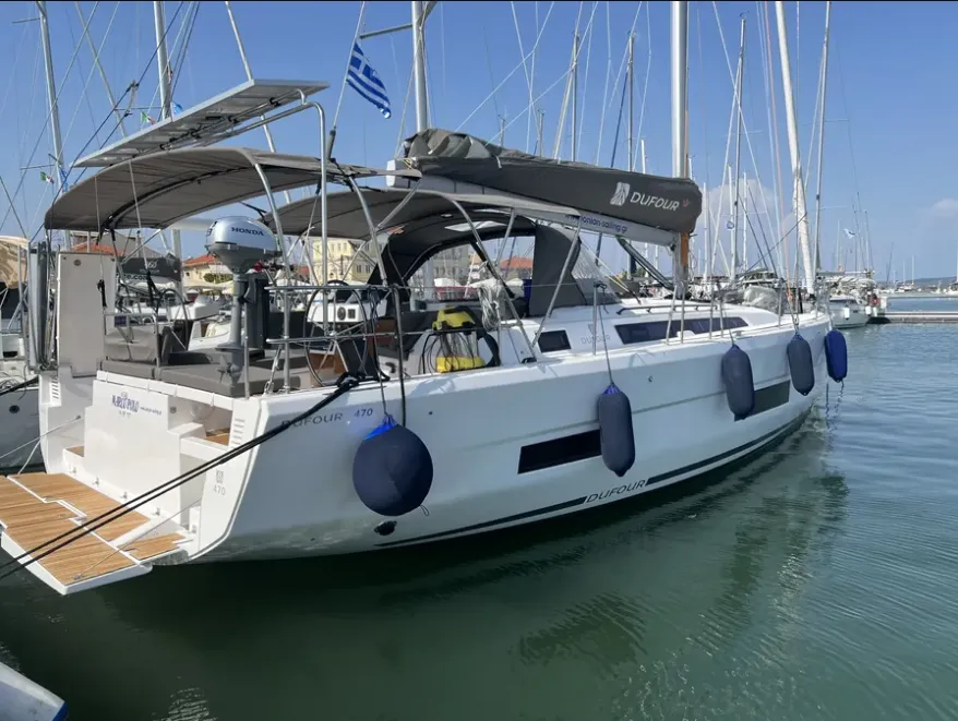 Exterior view of Marco Polo, a Dufour 470 sailboat at Municipal Unit of Lefkada, Greece