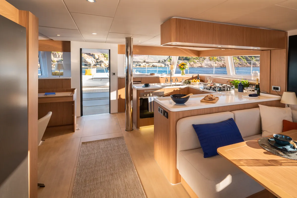 Galley of CRAZY BABY TOO, a Bali 5.8 catamaran at Port d'Andratx, Spain