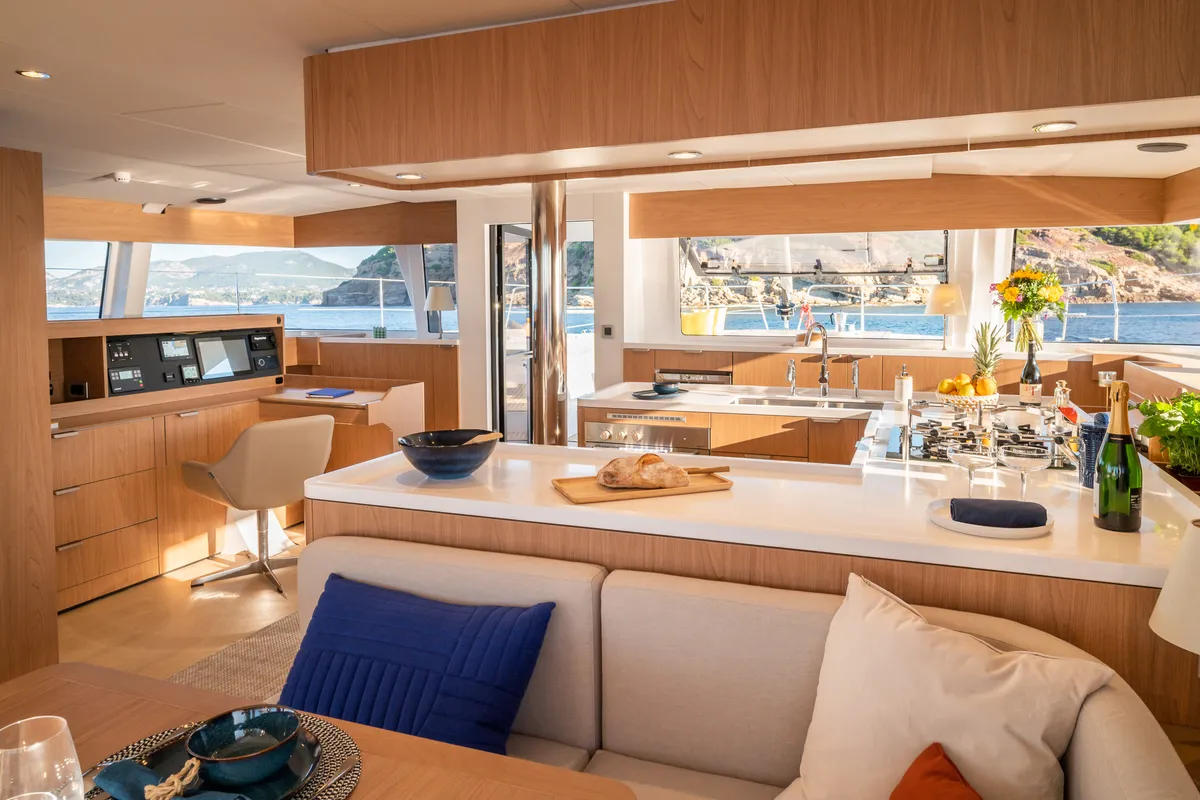 Salon of CRAZY BABY TOO, a Bali 5.8 catamaran at Port d'Andratx, Spain