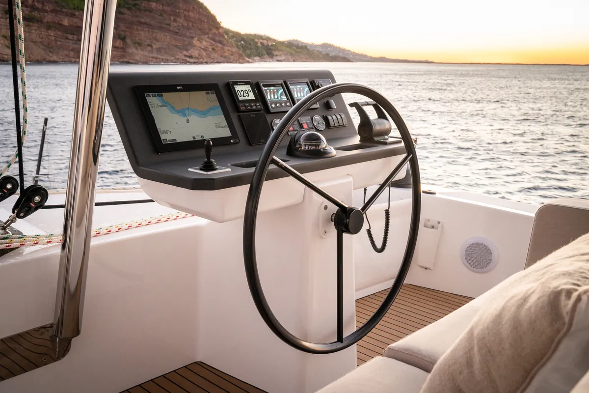 Cockpit of CRAZY BABY TOO, a Bali 5.8 catamaran at Port d'Andratx, Spain