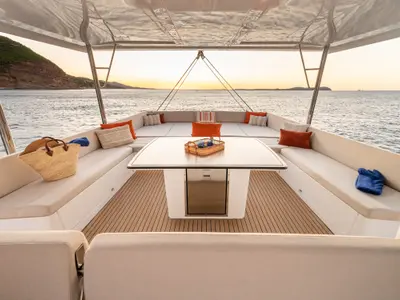 Deck of CRAZY BABY TOO, a Bali 5.8 catamaran at Port d'Andratx, Spain