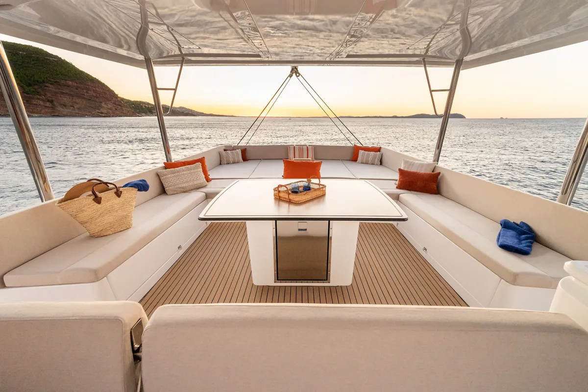 Deck of CRAZY BABY TOO, a Bali 5.8 catamaran at Port d'Andratx, Spain