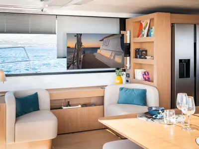 Salon of CRAZY BABY TOO, a Bali 5.8 catamaran at Port d'Andratx, Spain